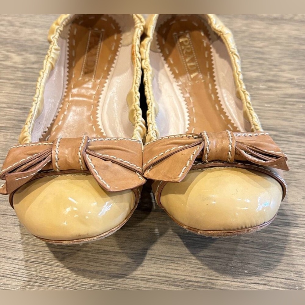 Prada Women's Yellow and Brown Flats with Bow- size 39.5 - Picture 5 of 10